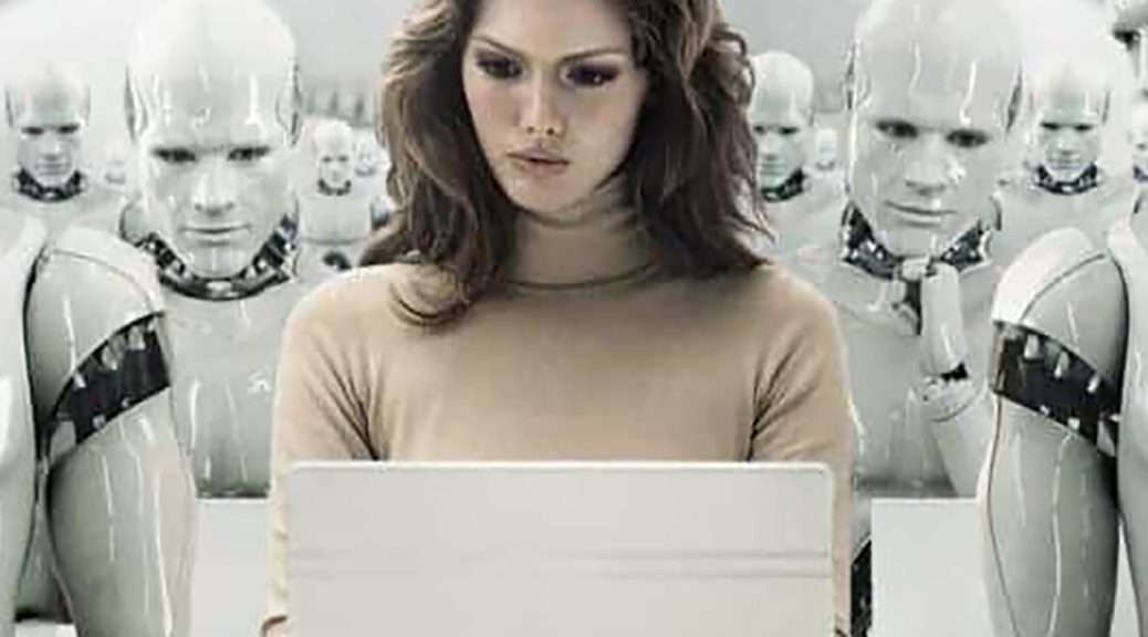 This square depiction is a detail of a photographically detailed illustration of a young woman with dark brown hair sitting at a white laptop computer in a white, artificially-lit room, surrounded by white humanoid robots. The robots also have white laptop computers, but they are not looking them. They are looking at the woman, as if awaiting prompts. Image courtesy of “My Office Apps.” See the Image Credits for a link to the article it was originally used to illustrate.