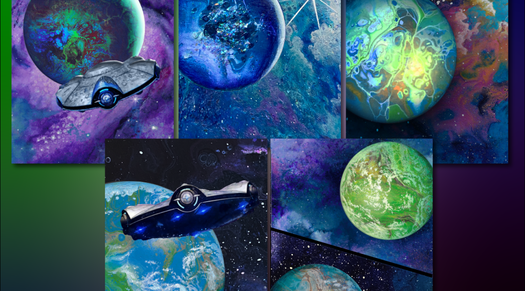 Samples from the “Image of Voices” include, clockwise from upper left: Windy off Moseen, Quadra, Windy over Alvin’s Place in the Pleuhockle System, Thisseling and Rajor Zee, and Windy off Pleasaunce. Astronomical artwork © Lucy A. Synk – “Windhover” spaceship © Chaz Kemp.