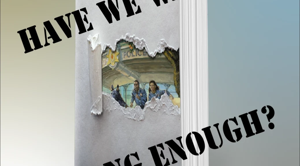 On a pastel variegated background, this square design centers on a paperback book with the thick white paper wrapping over its cover partially ripped away. Superimposed over the book photo are the words, “HAVE WE WAITED LONG ENOUGH?” At the bottom left, smaller words read “Bone of Contention Cover Art ©2024 by Tom Kidd.
